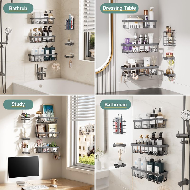 Veken Rustproof & Waterproof Shower Caddy 6-Pack, No Drilling Adhesive Shelves Rack with Soap Holder, Large Capacity Bathroom Organizers and Storage, Wall-Mounted Kitchen & Home Decor, Dark Grey