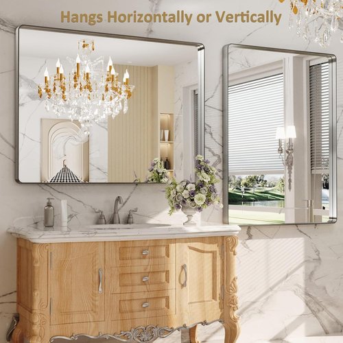 LOAAO Brushed Nickel Bathroom Mirror - 48x36 Inch Rounded Rectangle, Anti-Rust & Shatterproof Design