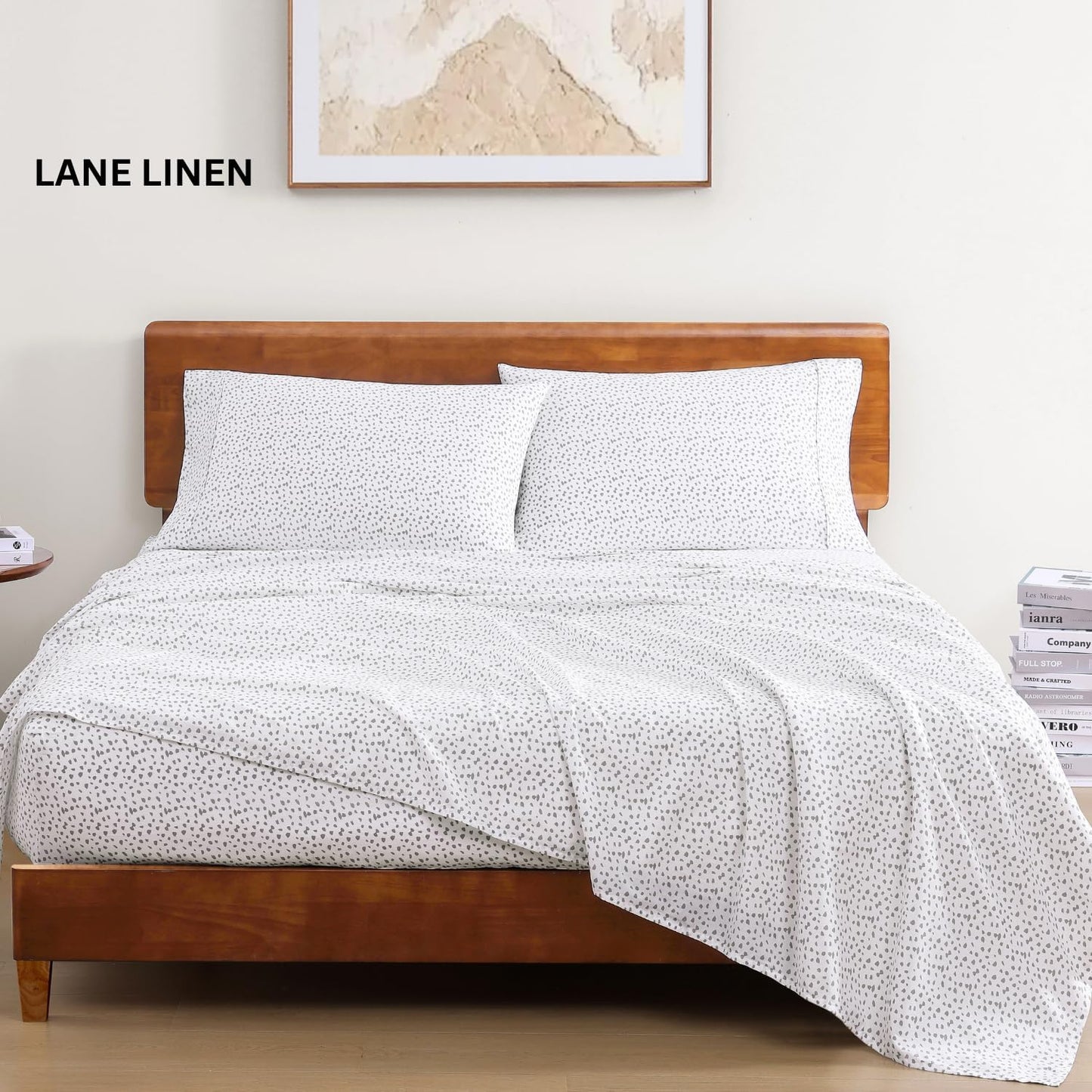 Skiennix 100% Organic Cotton Full Sheets Set - Ultra Soft, Breathable, GOTS Certified, White with Grey Dots, 4-Piece, Fits Mattresses Up to 15" Deep