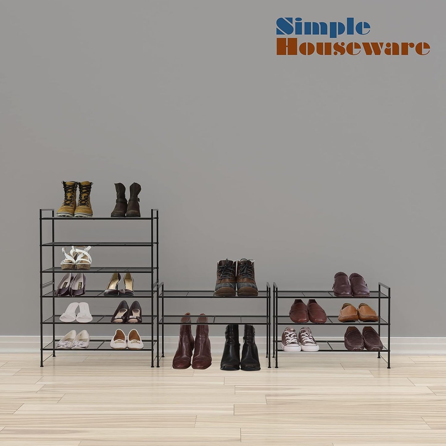Simple Houseware 3-Tier Stackable Shoe Rack - Durable Storage Shelf in Black for Organized Spaces