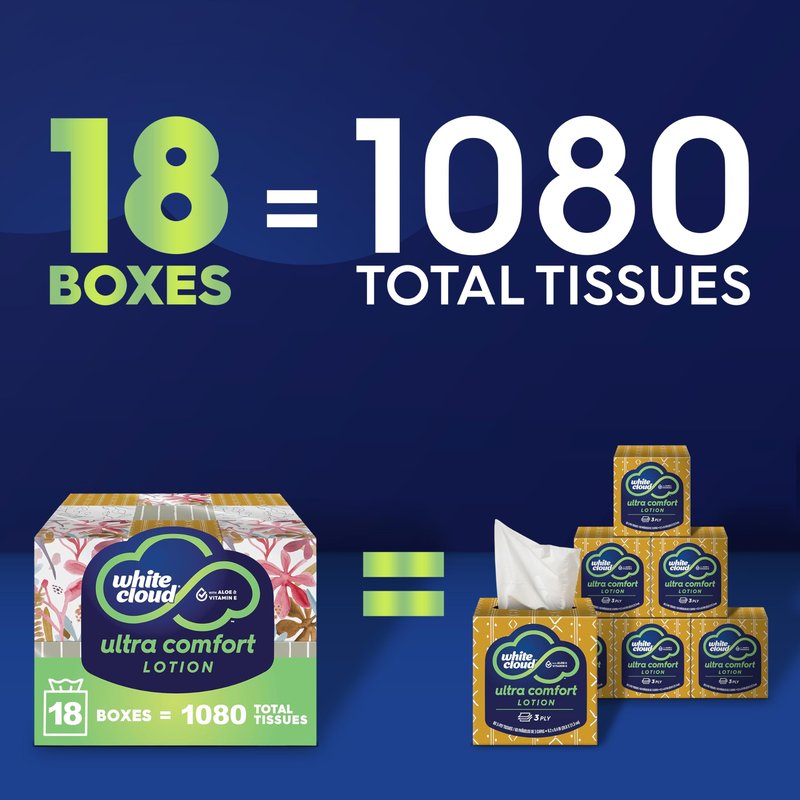 White Cloud Ultra Comfort Lotion 3-Ply Facial Tissue with Aloe & Vitamin E, 18 Box Multipack, 60 Tissues Per Box