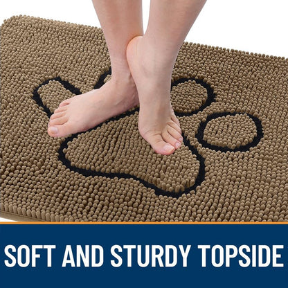 OLANLY Dog Door Mat for Muddy Paws 36x24, Paw Print Design, Absorbs Moisture and Dirt, Absorbent Non-Slip Washable Doormat, Quick Dry Chenille Mud Mat for Dogs, Entry Indoor Entryway Carpet, Tan