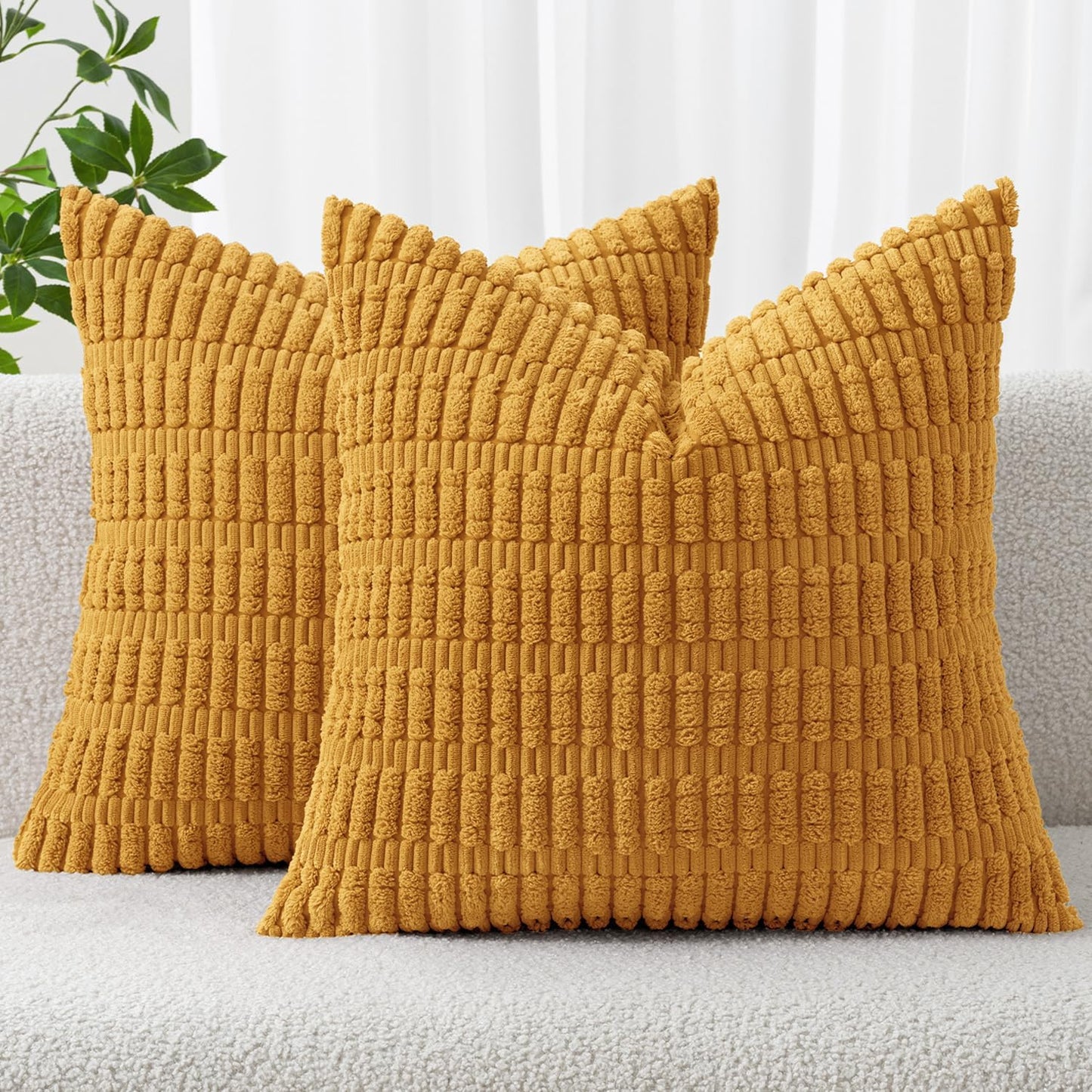 MIULEE Corduroy Throw Pillow Covers - Soft Boho Striped Design | 16x16 Inch, Gold Yellow, Set of 2
