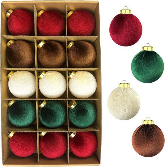 Velvet Christmas Tree Ornaments - 15 PCS Large 3.15 Inch Shatterproof Baubles | Flocked Multi-Color Decor