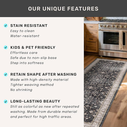 Skiennix Black Boho Washable Entry Rug - Non-Slip Rubber Backing | Stain & Fade Resistant, 3x4 ft
