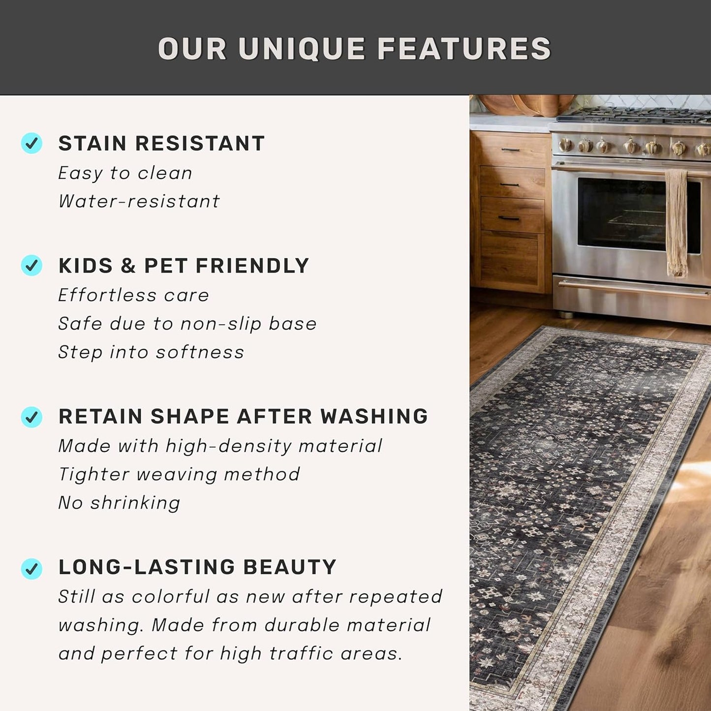 Skiennix Black Washable 8ft Long Runner Rug - Non-Slip Boho Vintage Design for High Traffic Areas