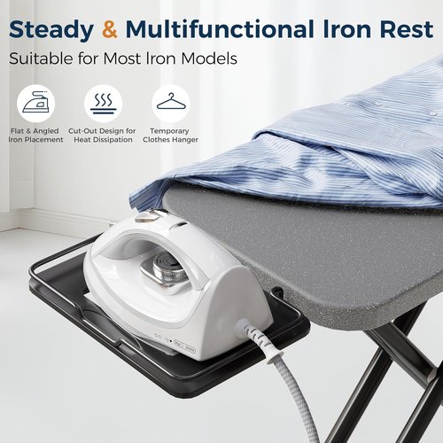 BEWISHOME Foldable Ironing Board - Compact Design with 7 Adjustable Heights & Safety Iron Rest | 43" X 13" Grey