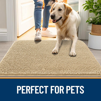 OLANLY Dog Door Mat - Absorbent Non-Slip Chenille Mat for Muddy Paws | 54x24, Quick Dry, Beige