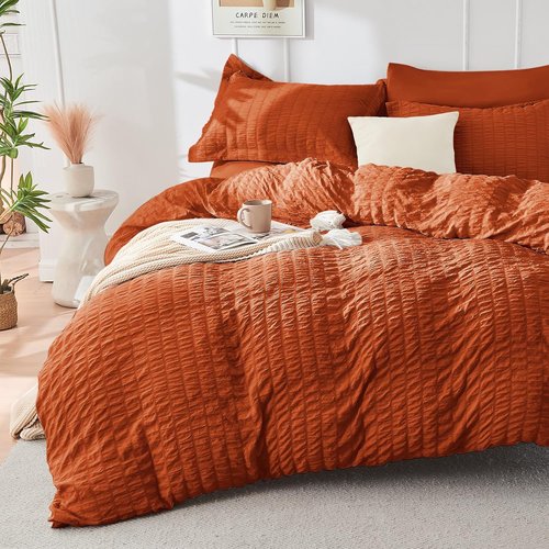 HYMOKEGE Comforter Set - Luxury 7-Piece All-Season Bedding in Burnt Orange | Full Size Seersucker Design