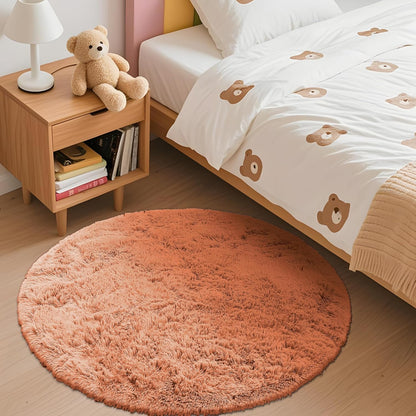 OLANLY Round Area Rug - Soft & Fluffy Muted Orange Shaggy Carpet | 3 ft Circle for Bedroom & Living Room