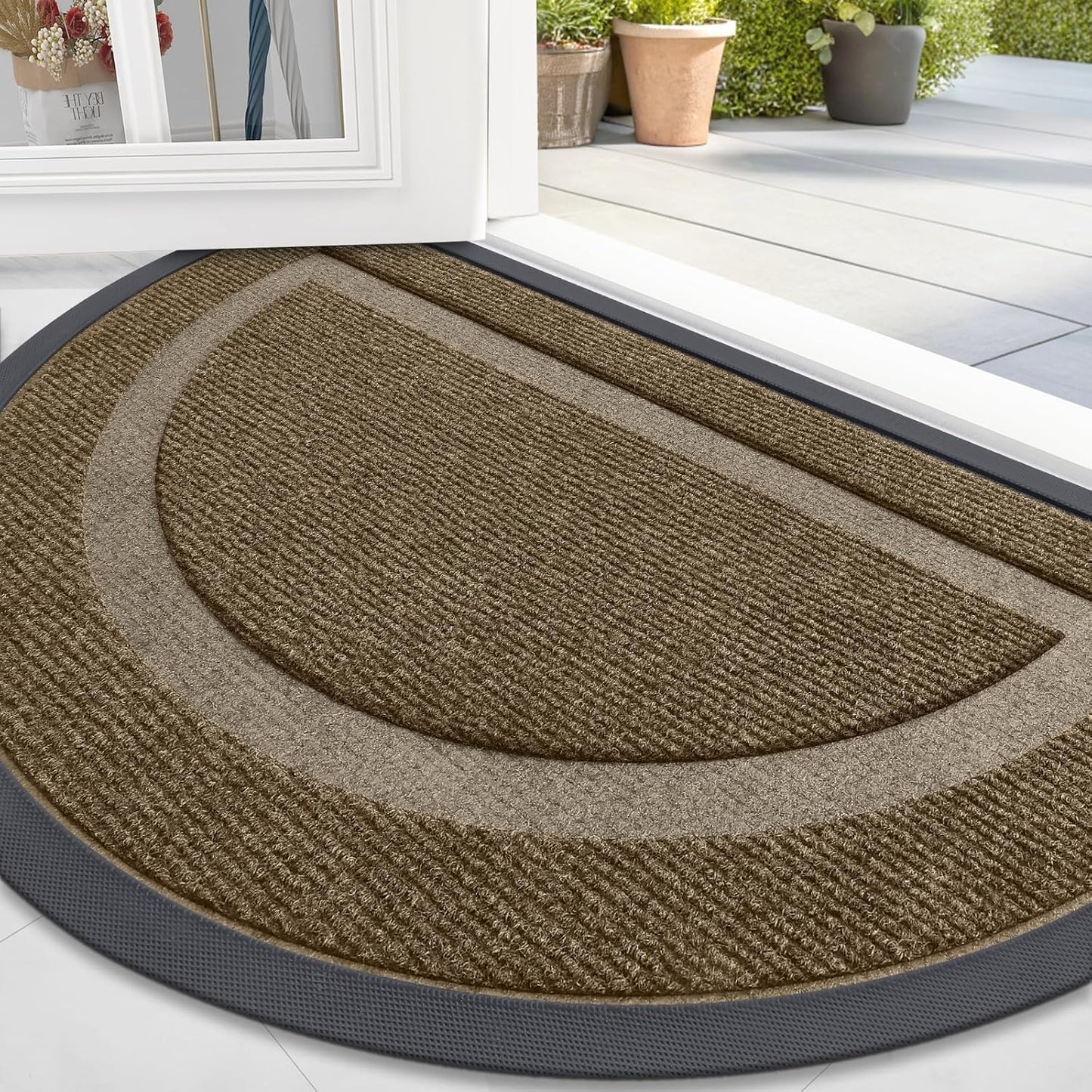 OLANLY Half Circle Door Mat - Waterproof All-Season Doormat for Indoor/Outdoor Use | 47x32, Brown