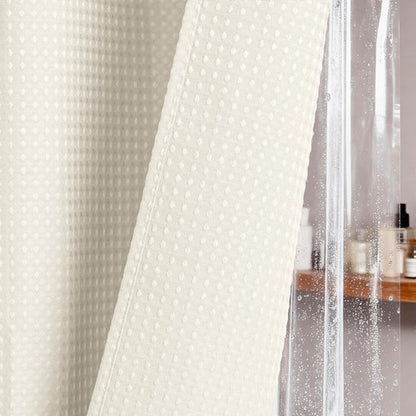 Dynamene Ivory Shower Curtain and Liner Set, Waffle Weave Fabric, Waterproof Clear Liner, 256GSM Heavy Duty Weighted Hotel Luxury Cloth Shower Curtains for Bathroom with 12 Plastic Hooks, 72Wx72H