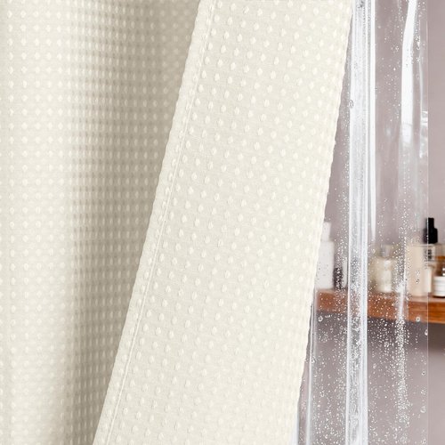 Dynamene Long Shower Curtain and Liner Set - 78 inch Tall Waffle Fabric, Waterproof Clear Liner, Heavy Duty Weighted Hotel Luxury Cloth Shower Curtains for Bathroom with 12 Hooks, 72x78, Ivory