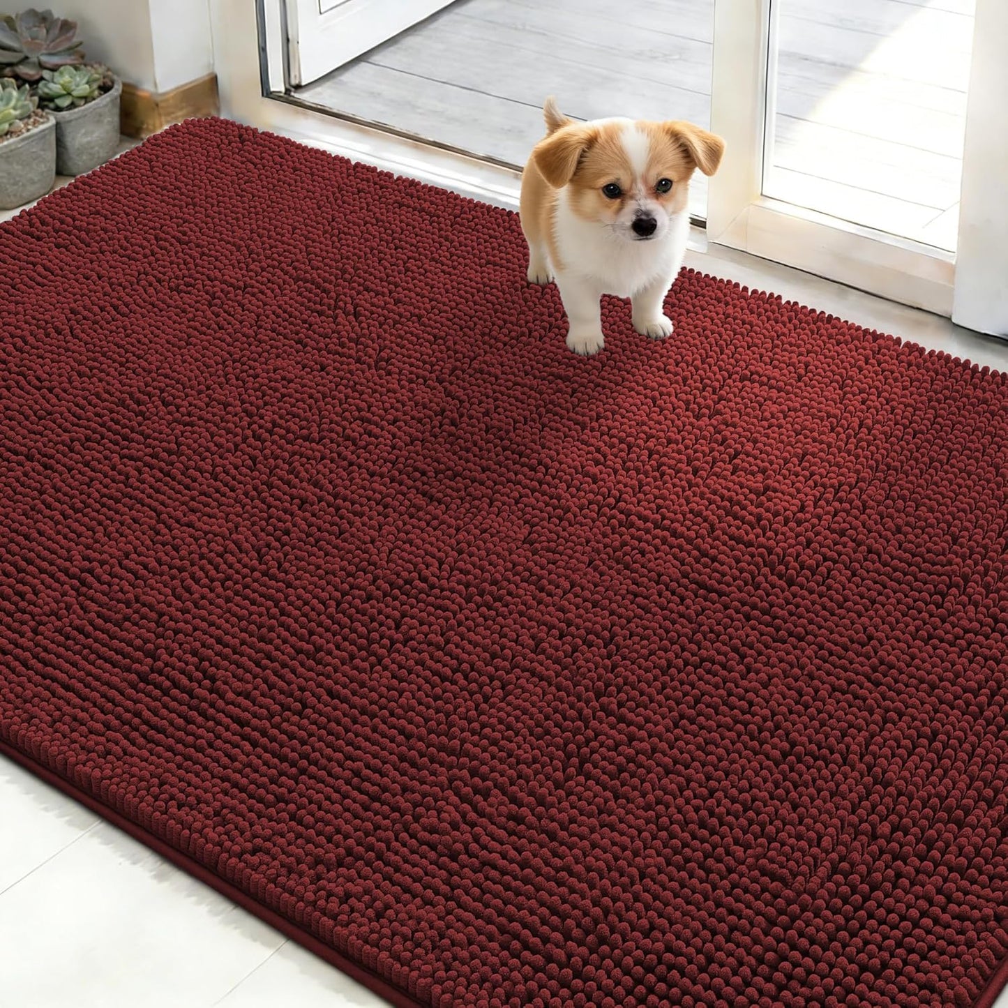 OLANLY Dog Door Mat - Absorbent Non-Slip Mud Mat for Muddy Paws | 48x30, Quick Dry Chenille, Caramel Russet