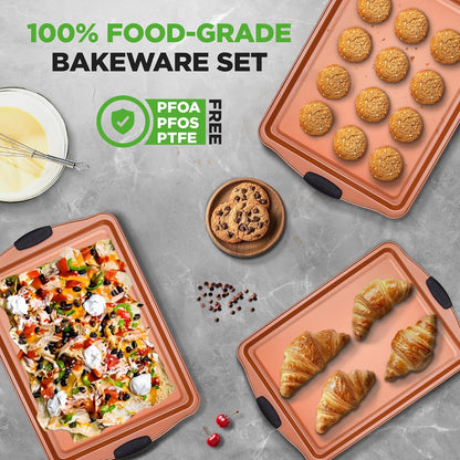 NutriChef Nonstick Carbon Steel Cookie Sheets - 3 Piece Bakeware Set with Black Silicone Handles