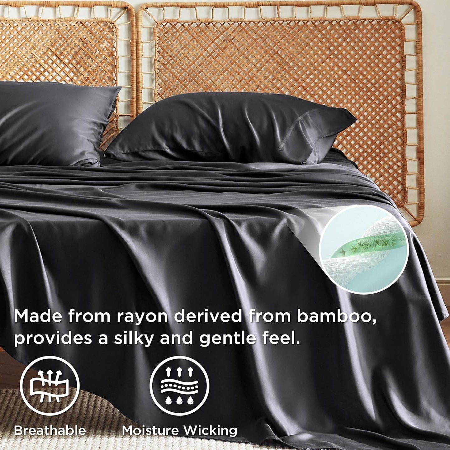 PureWoven King Size Sheet Set - Cooling Rayon Sheets from Bamboo | Soft, Breathable, Deep Pocket Design in Black