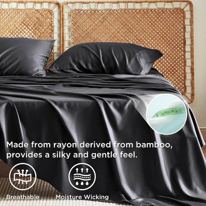 PureWoven King Size Sheet Set - Cooling Rayon Sheets from Bamboo | Soft, Breathable, Deep Pocket Design in Black