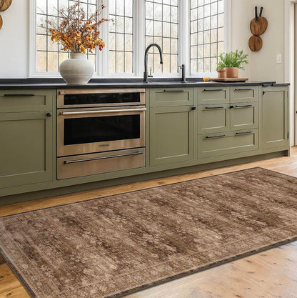 Regine Switzerland Brown 2x5 Entryway Runner Rug - Non-Slip, Washable, Vintage Taupe Design