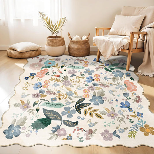 Skiennix Washable 4x4 Square Area Rug - Floral Scalloped Soft Non-Slip Mat for Living Room & Nursery (Cream)