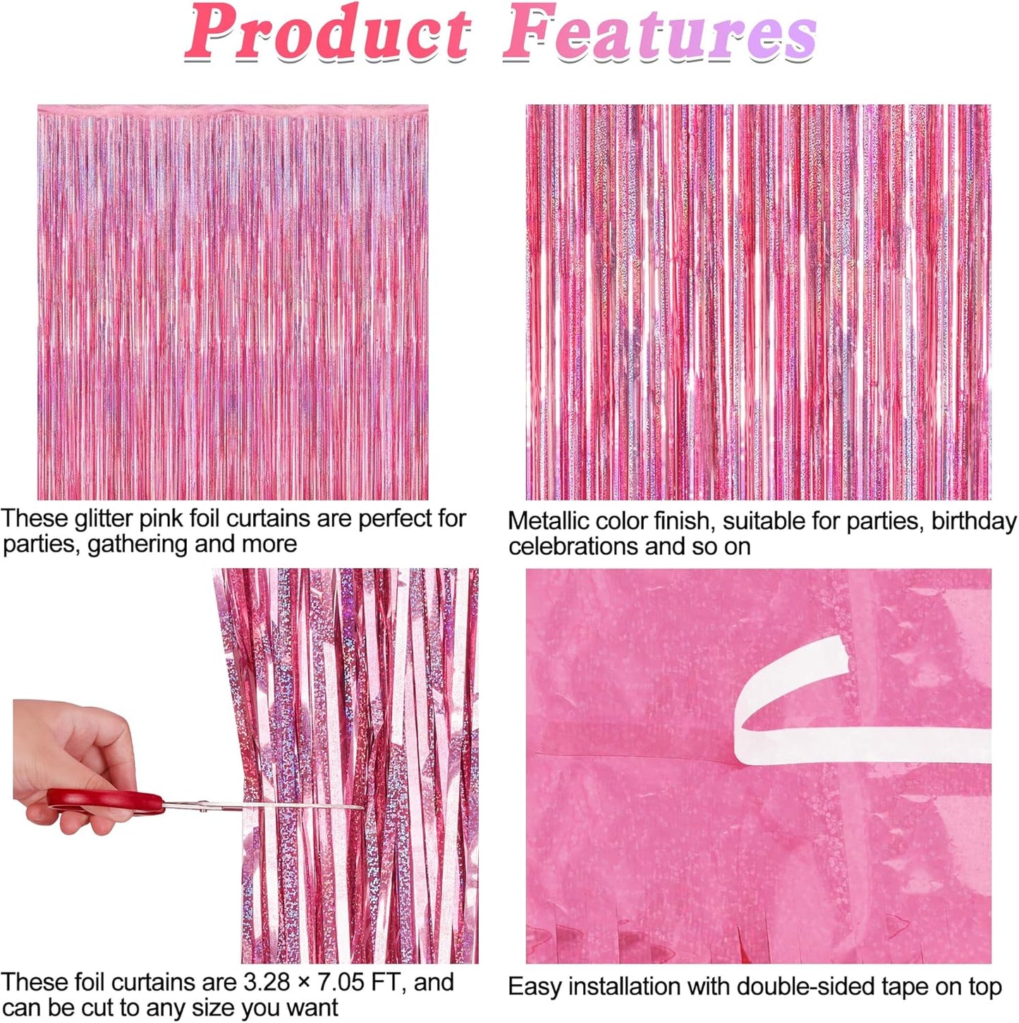 Skiennix Pink Backdrop - 12 Pack Metallic Glitter Tinsel Fringe Curtains | 3.28 FT x 7.05 FT Party Decor