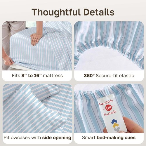 California Design Den King Size Cotton Sheets Set - 100% Soft Cotton, 400 TC, Award-Winning Sateen Finish, Cape Stripe Blue