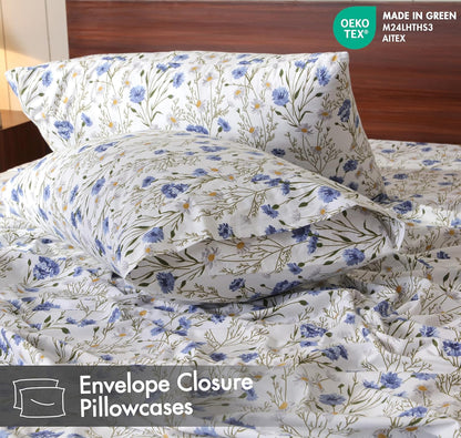 RUVANTI King Size Cotton Sheets - 100% Percale Bedding, Cooling Floral Design, 4-Piece Set, 16" Deep Pocket, Soft & Durable
