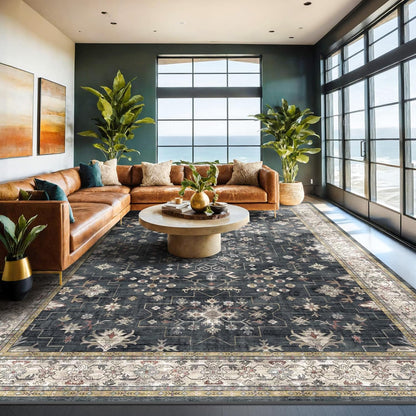 Skiennix Black Boho Rug - Washable Vintage Low Pile Carpet for Living Room | 9x12 Non-Slip Design