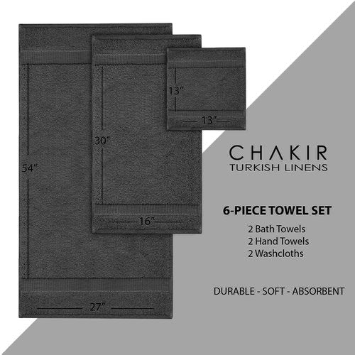 Chakir Turkish Linens |Hotel & Spa Quality 100% Cotton Premium Turkish Towels | Soft & Absorbent (Dark Gray, 6-Piece Towel Sets)