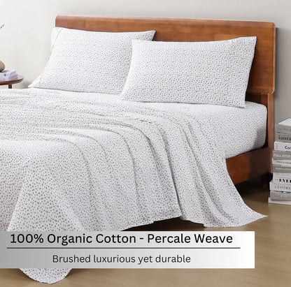 Skiennix 100% Organic Cotton Full Sheets Set - Ultra Soft, Breathable, GOTS Certified, White with Grey Dots, 4-Piece, Fits Mattresses Up to 15" Deep