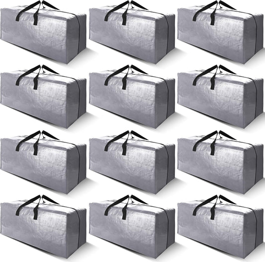 Cosy Family Heavy Duty Moving Bags - 12 Pack with Backpack Straps & Strong Zippers | X-Large Silver Storage Totes