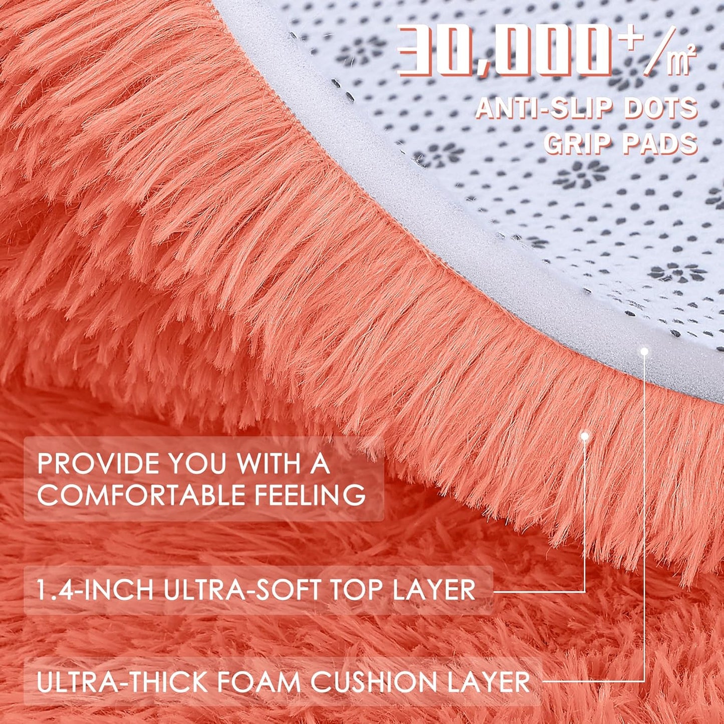 OLANLY Round Coral Red Area Rug - Soft, Fluffy, Machine Washable 4 ft Circle Carpet for Bedroom & Living Room Decor