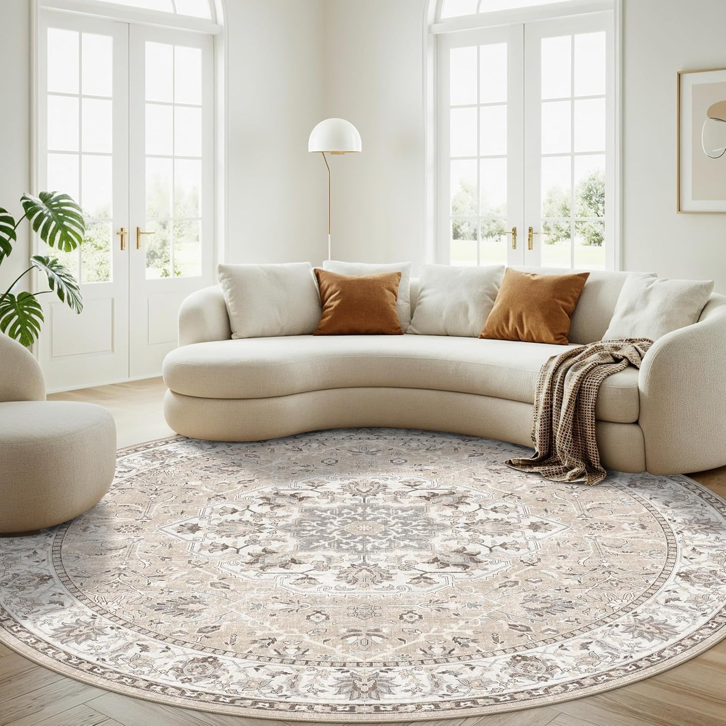 7x7 Living Room Area Rug - Washable Oriental Round Rug | Soft, Non-Slip, Stain-Resistant Beige Mat