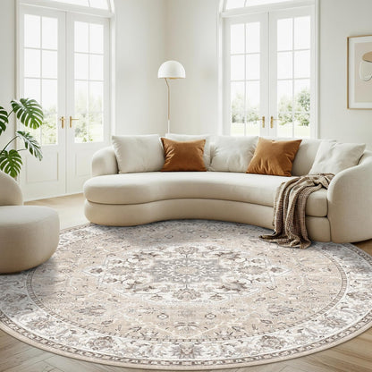 Skiennix Washable 6ft Circle Round Rug - Soft Stain-Resistant Low-Pile Carpet for Living Room, Bedroom & Nursery | Beige