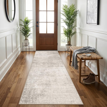 Skiennix 3x7 Washable Hallway Runner Rug - Abstract Stain Resistant Design | Ultra Soft Non-Slip Carpet in Beige/Cream