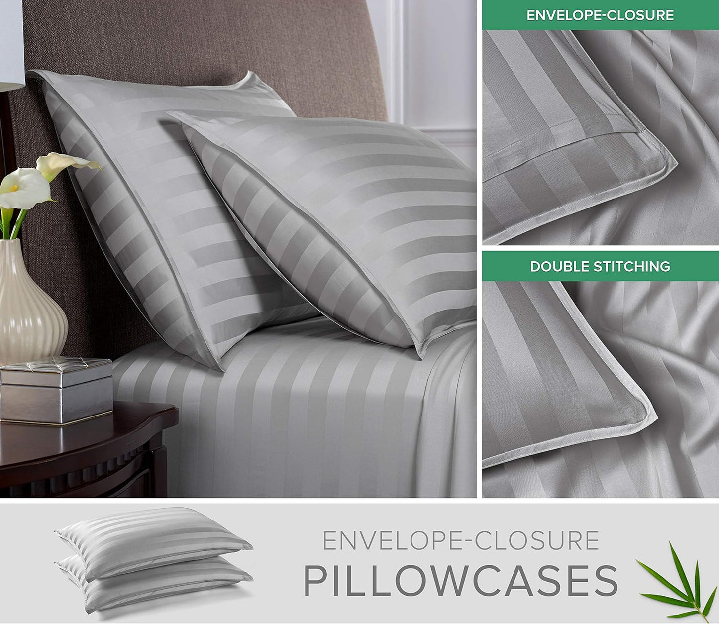 Pure Bamboo Full Bed Sheet Set - 100% Organic Viscose, Luxuriously Soft & Cooling | Jacquard Silver, 2-Year Quality Promise
