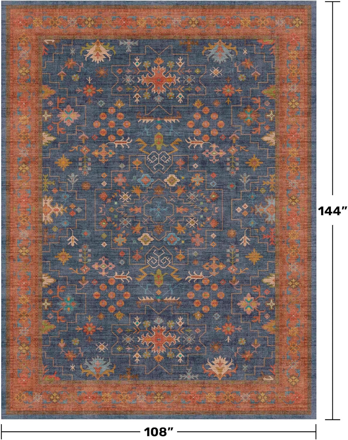 Skiennix Navy Blue Area Rug - Washable Low Pile Non-Slip Design | Vintage Boho 9x12 for Living Room & Dining Room