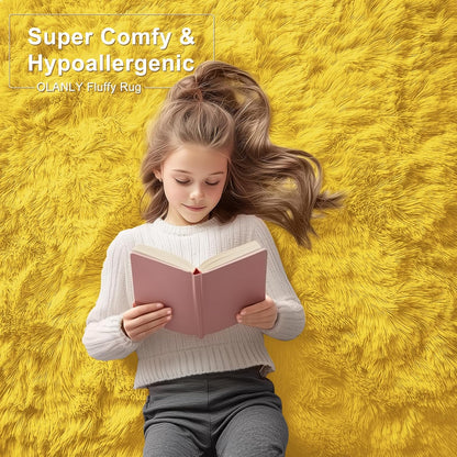 OLANLY Runner Rugs - Soft, Fluffy, Machine Washable | 2x6 ft Yellow Shaggy Carpet for Bedroom & Hallway