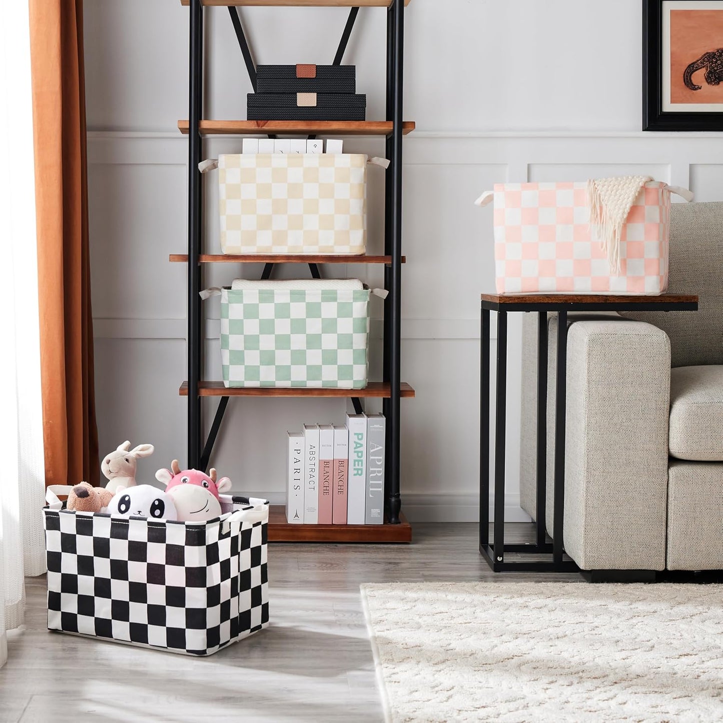 Ohocut Sage Green Checkered Canvas Basket - Decorative Storage for Kids & Pets | Rectangular Organizing Solution