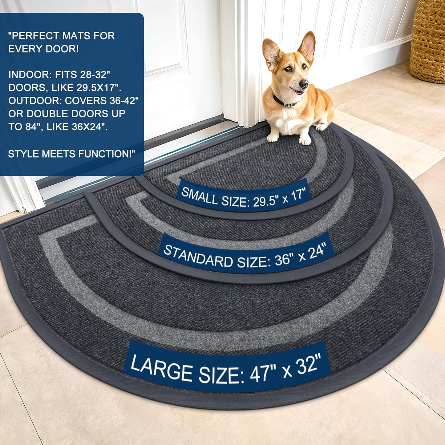 OLANLY Half Circle Door Mat - Waterproof All-Season Indoor/Outdoor Welcome Mat | 29.5x17, Grey