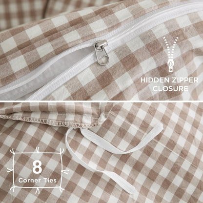 TOCOMOA Tan Gingham Duvet Cover Bedding Set 100% Washed Cotton Like Linen Feel Super Soft Comfy 3 Piece Brown Vintage Plaid Checkered Fall Comforter Cover Set (King 104"x90", Comforter Not Included)