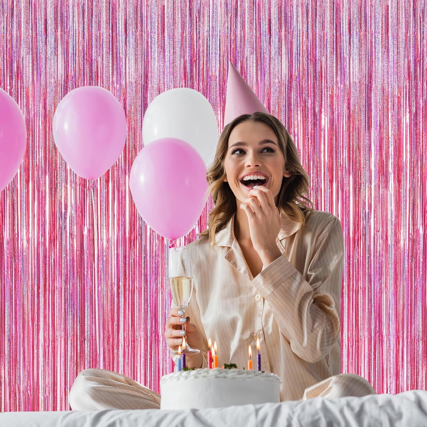 Skiennix Pink Backdrop - 12 Pack Metallic Glitter Tinsel Fringe Curtains | 3.28 FT x 7.05 FT Party Decor