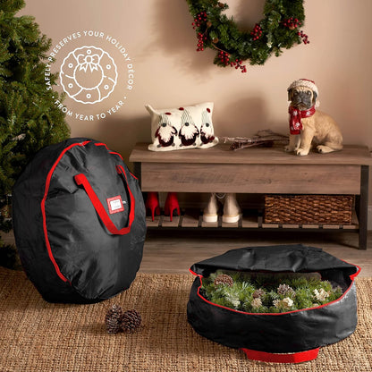 ZOBER Christmas Wreath Storage Bag - 24 Inch Waterproof Oxford Container with Dual Zippers & Durable Handles - Black