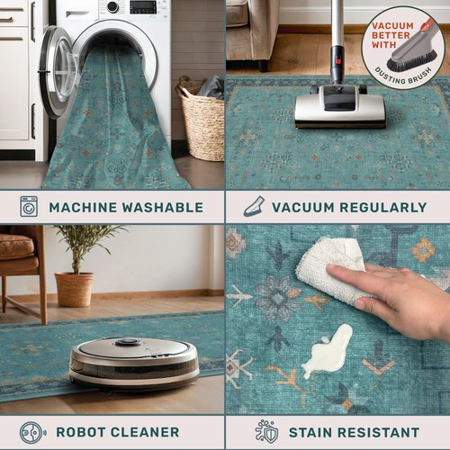2x3 Washable Teal Rug for Entryway Indoor, Kitchen Floor Waterproof, Bathroom, Powder Room, Non Slip Low Pile Stain & Fade Resistant, Modern Turquoise Aqua Décor