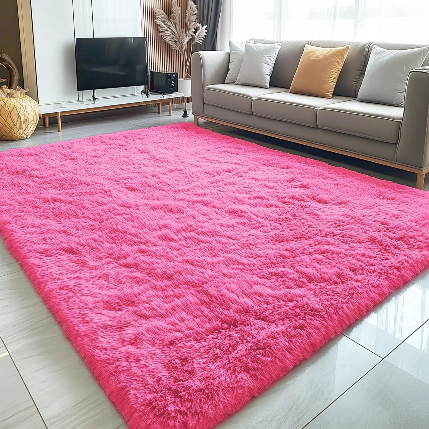 OLANLY Large Area Rug - Soft Fluffy Shaggy Carpet for Living Room & Bedroom | 8x10, Hot Pink