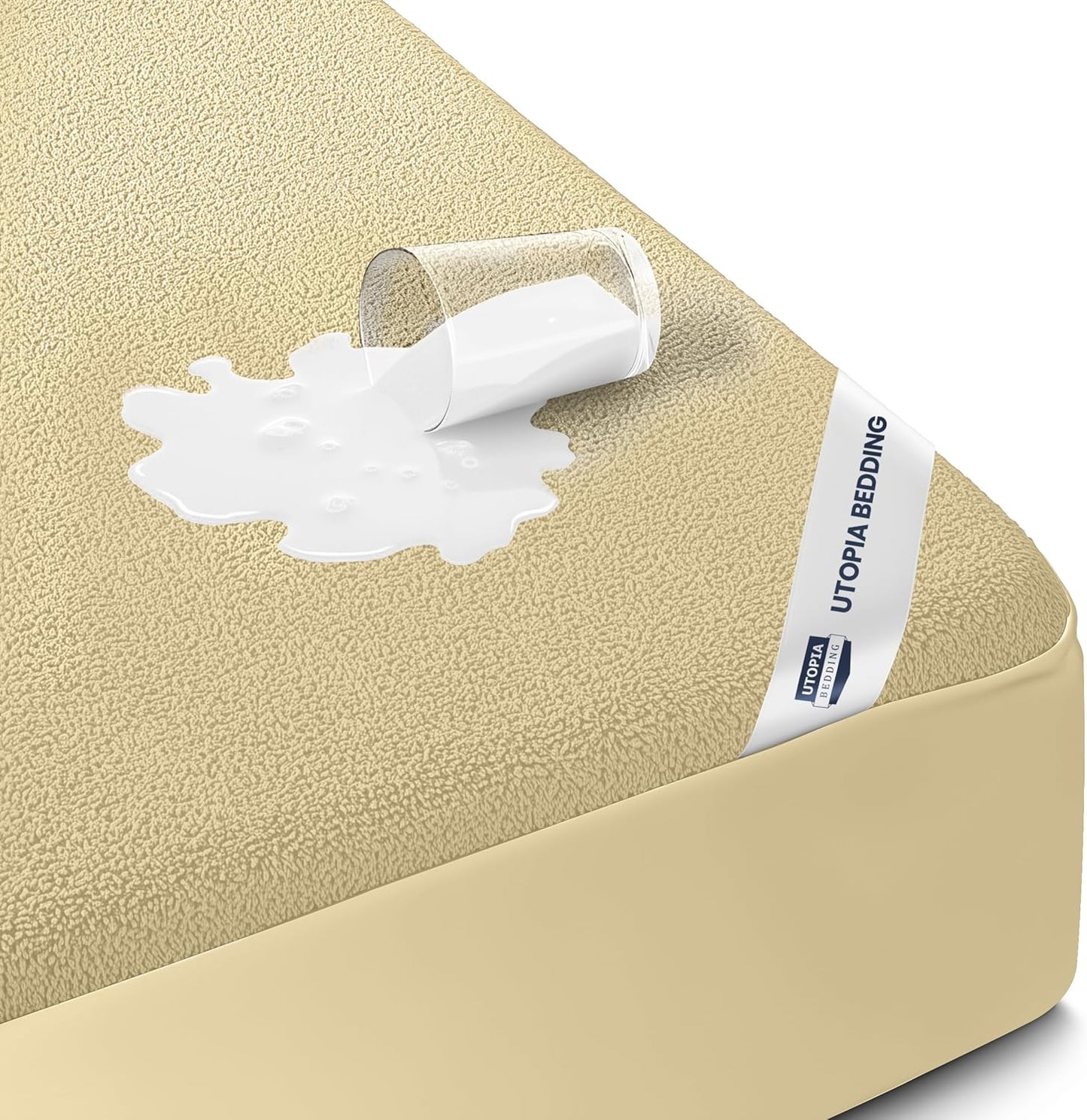 Utopia Bedding Queen Size Mattress Protector - Waterproof Terry Cover, Soft & Breathable, 17" Deep Pockets | Beige