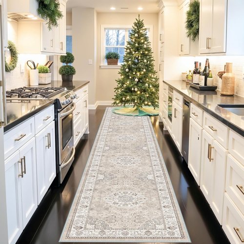 Hallway Washable Runner Rug - Vintage Non-Slip Soft Floor Mat for Entryway | 3x16 Beige
