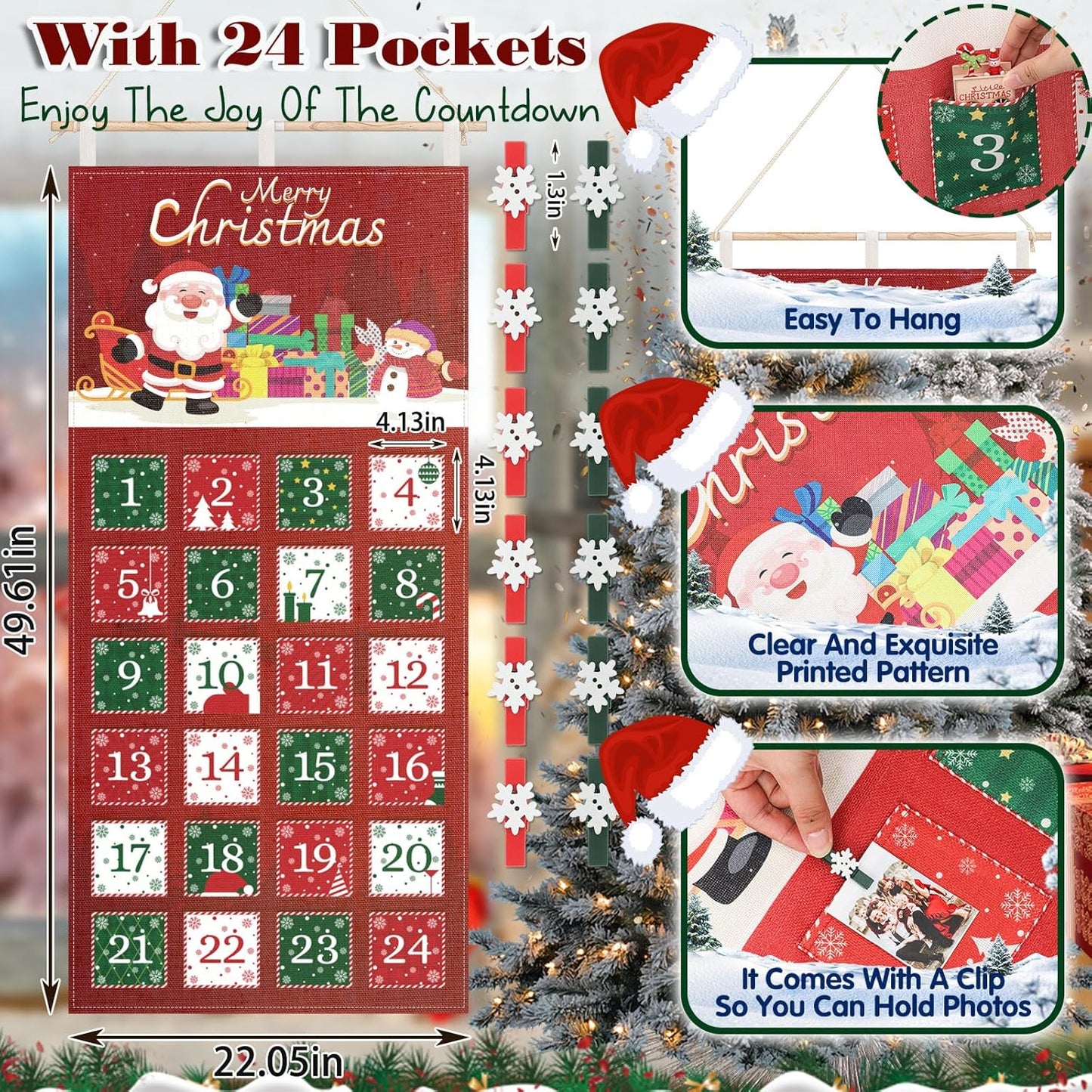 Weysat Christmas Advent Calendar - Reusable Fabric Countdown with 24 Pockets & Clips | Holiday Wall Decor
