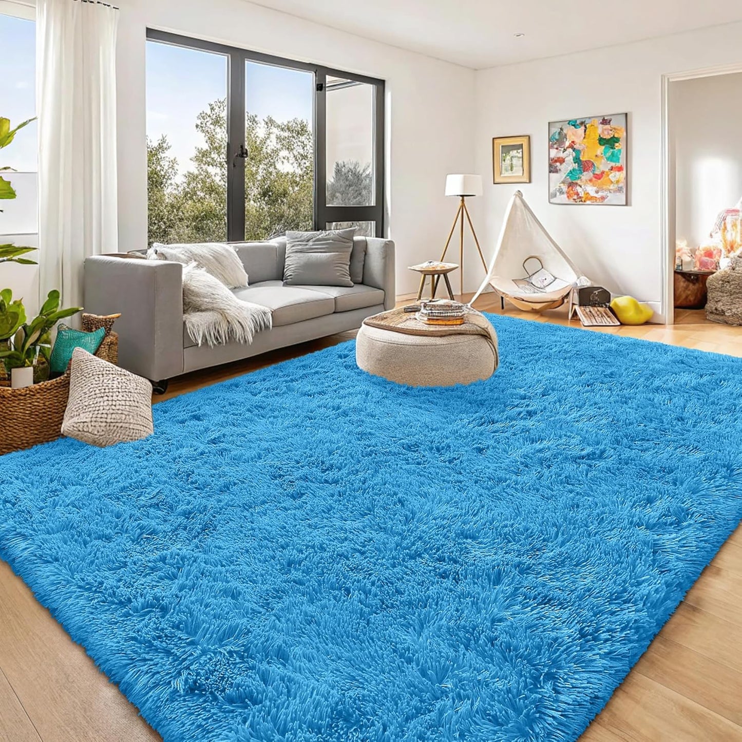 OLANLY Large Area Rug - Soft Fluffy Shaggy Carpet for Living Room & Bedroom | 8x10 Bright Blue