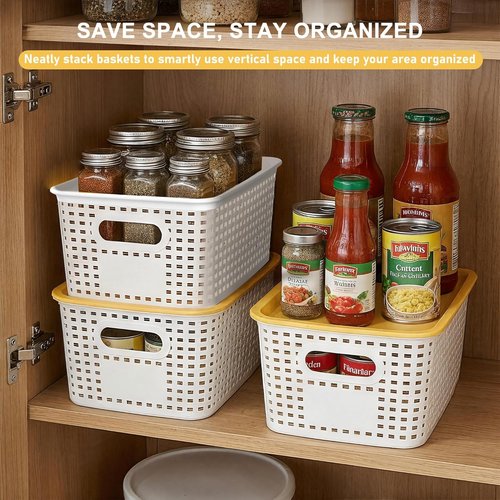 AREYZIN Plastic Storage Bins - Stackable Organizing Baskets with Lids | 6 Pack, 10.2x7.2x4.1 Inch, White