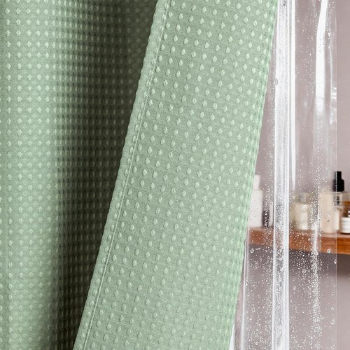 Dynamene Extra Wide Shower Curtain and Liner Set - 108 inch Wide Waffle Fabric, Waterproof Clear Liner, Heavy Duty Weighted Hotel Luxury Shower Curtains for Bathroom with 16 Hooks, 108x72, Sage Green